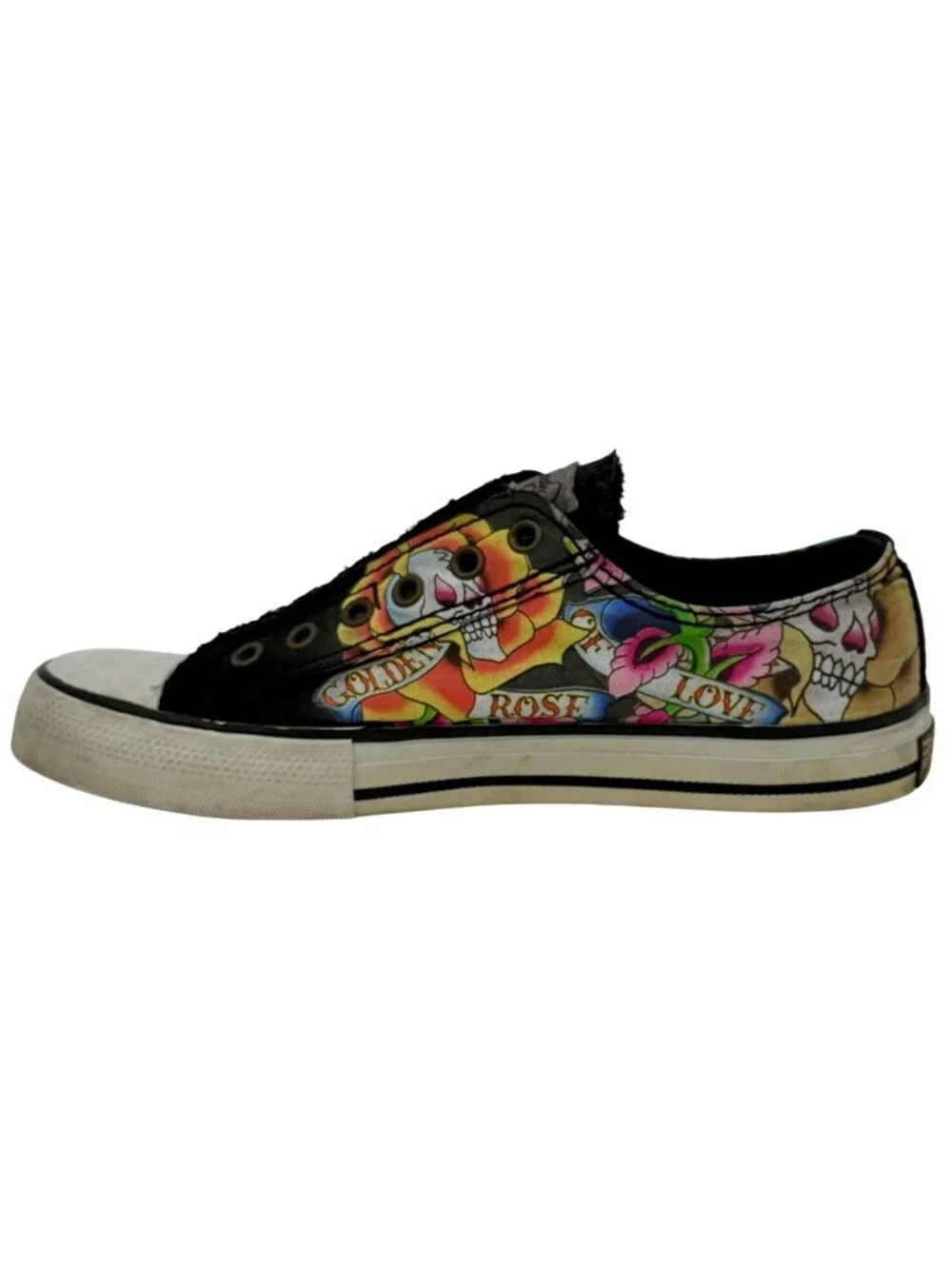 VTG Ed Hardy Black Tattoo Print Canvas Sneakers 8 | Y2K Skater Grunge Streetwear